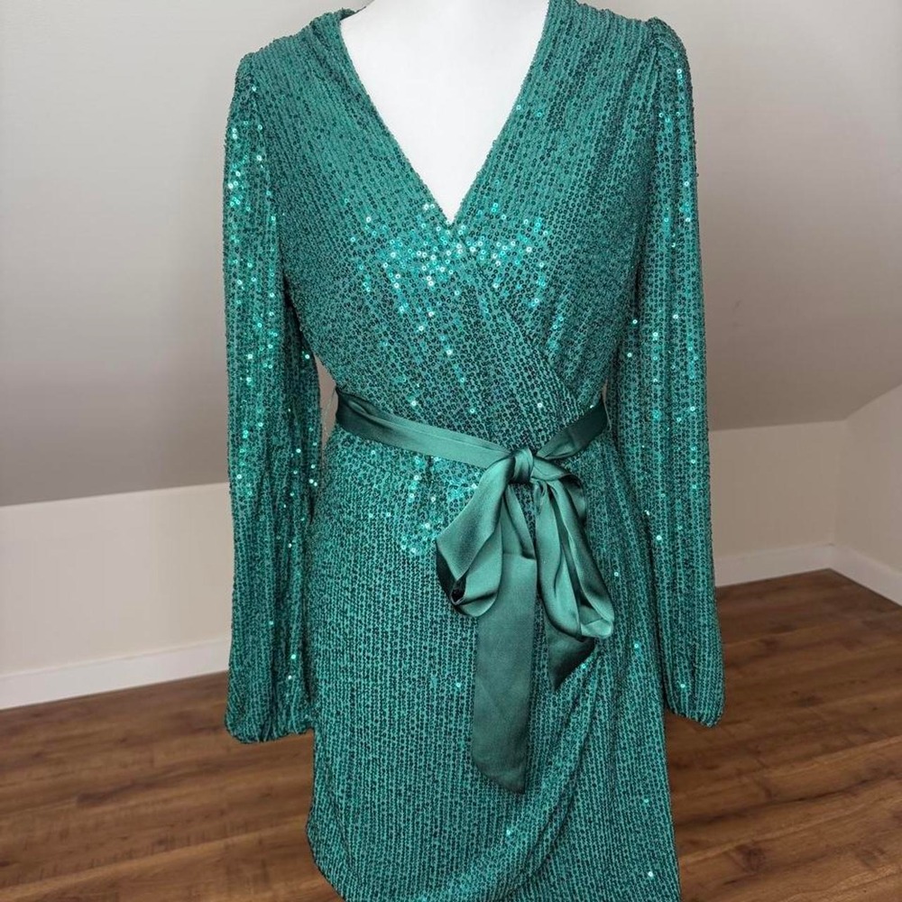 Emerald Green Sequin Wrap Mini Dress Size Medium Holiday dress Glam